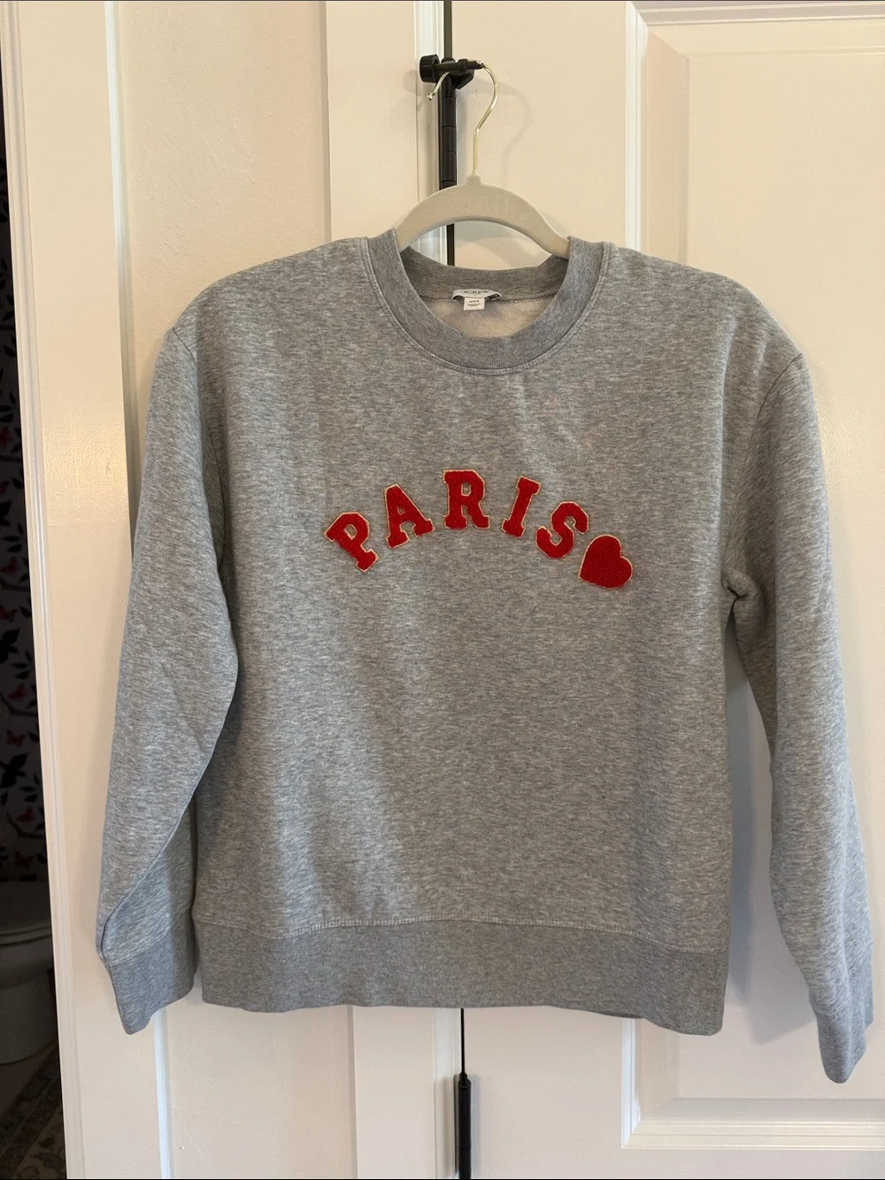 J. Crew Grey Crewneck Sweater with Red PARIS Appliqué